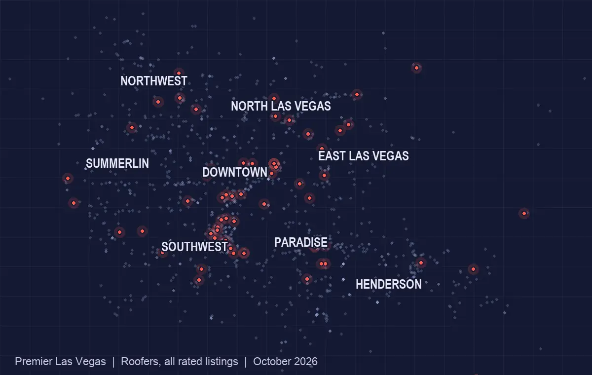 Map of roofers listed in the Las Vegas valley