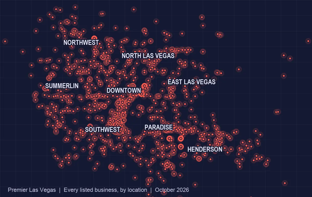 Map of the Las Vegas valley with a dot for every business listed in the directory